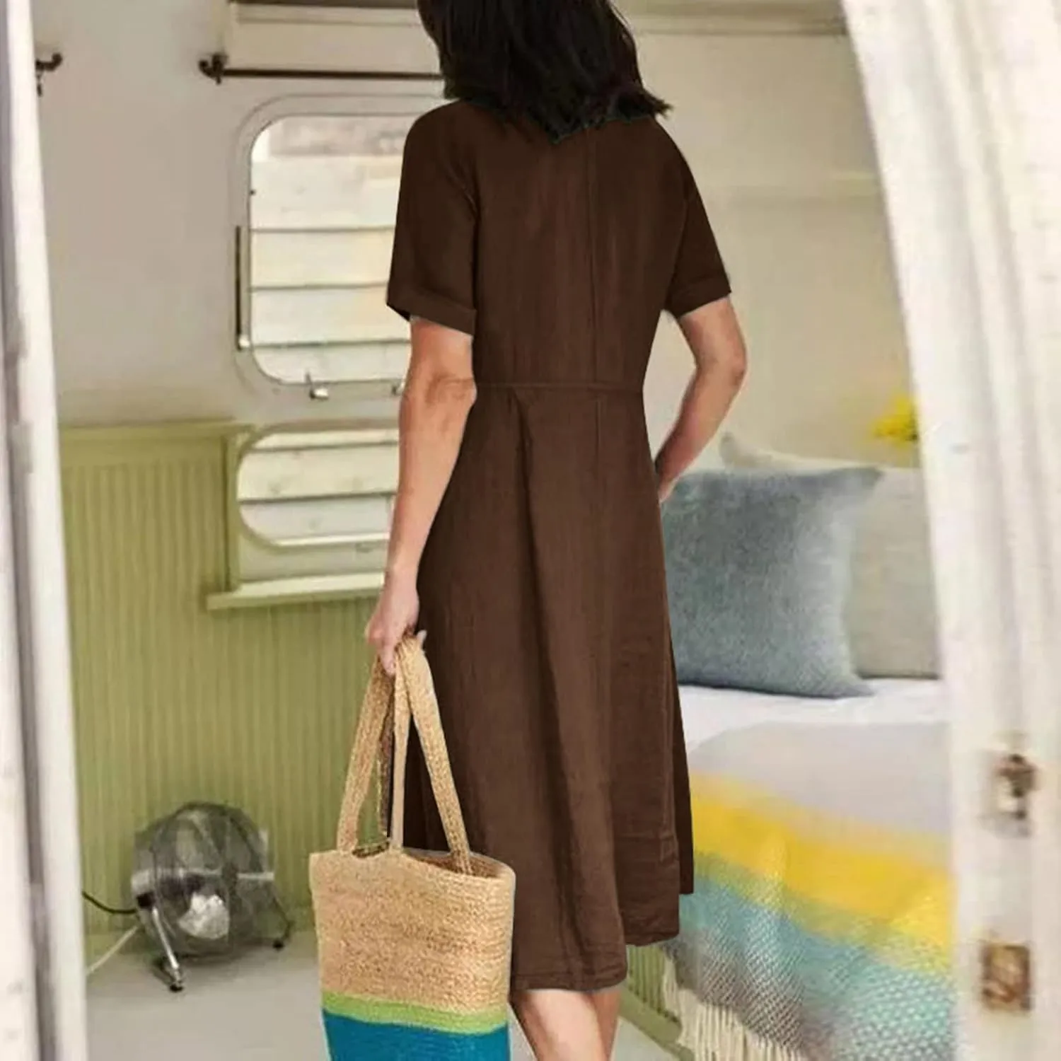 Womens Plus Size Cotton Linen Summer Dress Casual V-Neck Solid Short Sleeve Button Pocket T-Shirt Dress