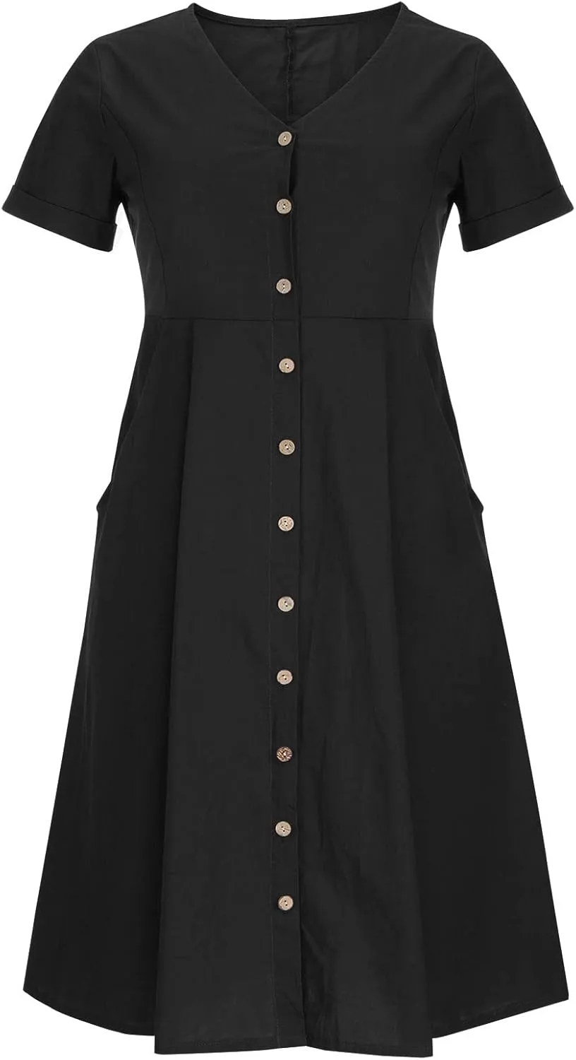 Womens Plus Size Cotton Linen Summer Dress Casual V-Neck Solid Short Sleeve Button Pocket T-Shirt Dress