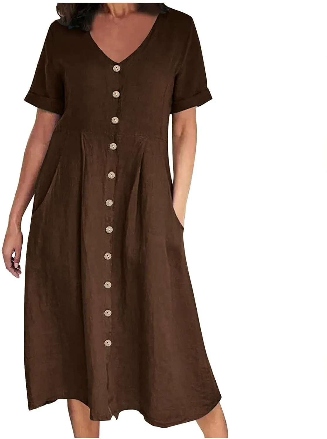 Womens Plus Size Cotton Linen Summer Dress Casual V-Neck Solid Short Sleeve Button Pocket T-Shirt Dress