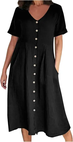 Womens Plus Size Cotton Linen Summer Dress Casual V-Neck Solid Short Sleeve Button Pocket T-Shirt Dress