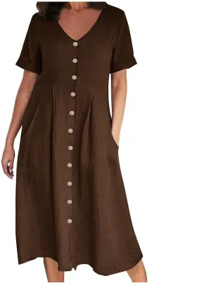 Womens Plus Size Cotton Linen Summer Dress Casual V-Neck Solid Short Sleeve Button Pocket T-Shirt Dress