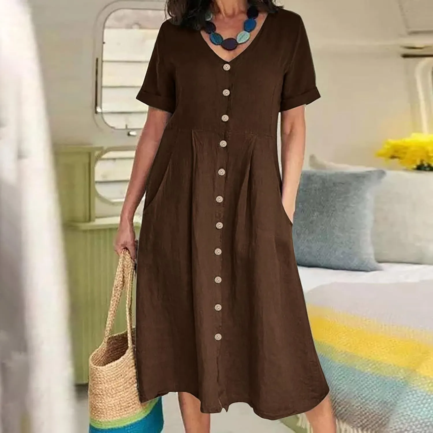 Womens Plus Size Cotton Linen Summer Dress Casual V-Neck Solid Short Sleeve Button Pocket T-Shirt Dress