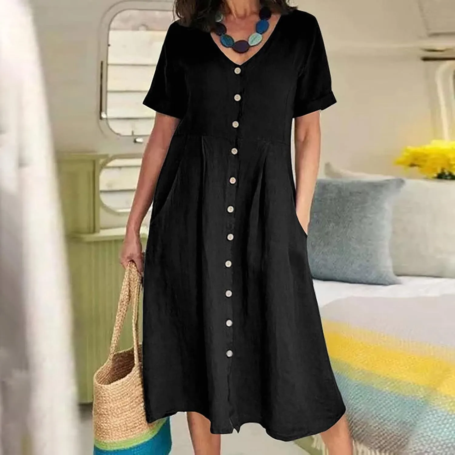 Womens Plus Size Cotton Linen Summer Dress Casual V-Neck Solid Short Sleeve Button Pocket T-Shirt Dress