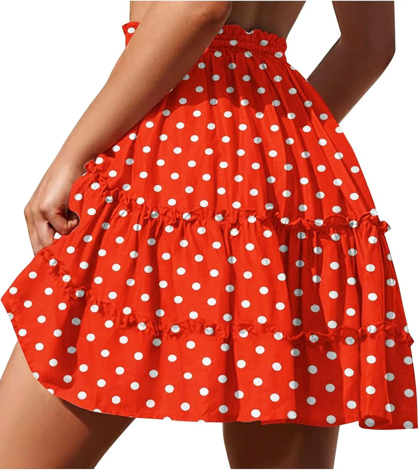 Women's Polka Dot Beach Short Skirts Summer Boho Floral Maxi Skirts Elastic Waist Flowy Swing Pleated Long Skirt