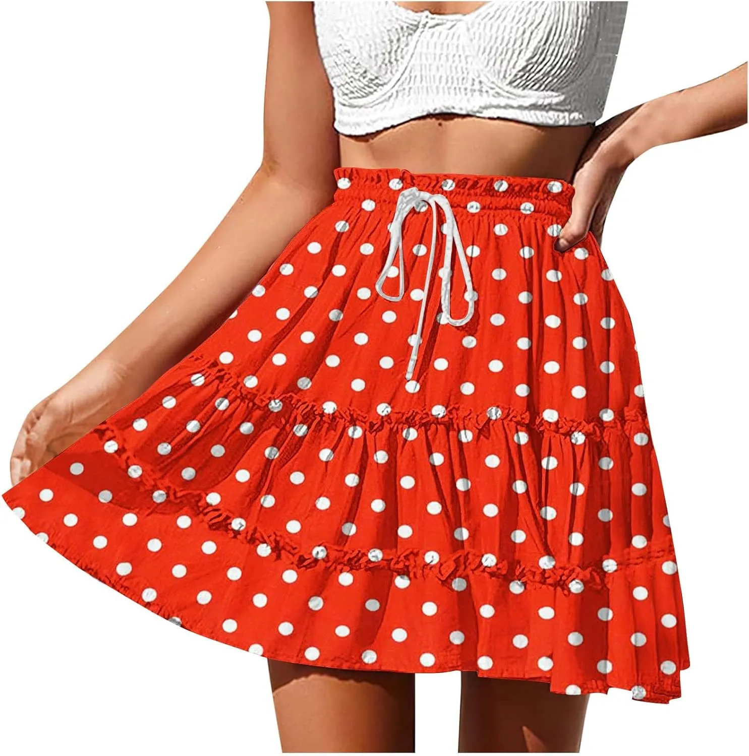 Women's Polka Dot Beach Short Skirts Summer Boho Floral Maxi Skirts Elastic Waist Flowy Swing Pleated Long Skirt