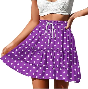 Women's Polka Dot Beach Short Skirts Summer Boho Floral Maxi Skirts Elastic Waist Flowy Swing Pleated Long Skirt