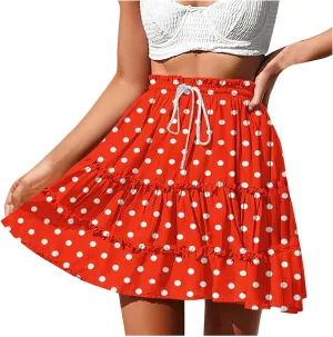 Women's Polka Dot Beach Short Skirts Summer Boho Floral Maxi Skirts Elastic Waist Flowy Swing Pleated Long Skirt