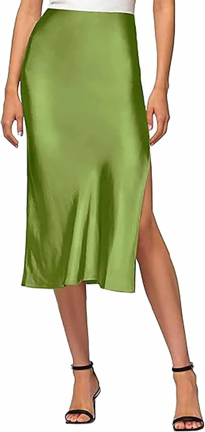 Womens Satin Silk High Waist Slit Midi Skirt Elastic Waistband Midi Skirts Elegant and Handsome Half