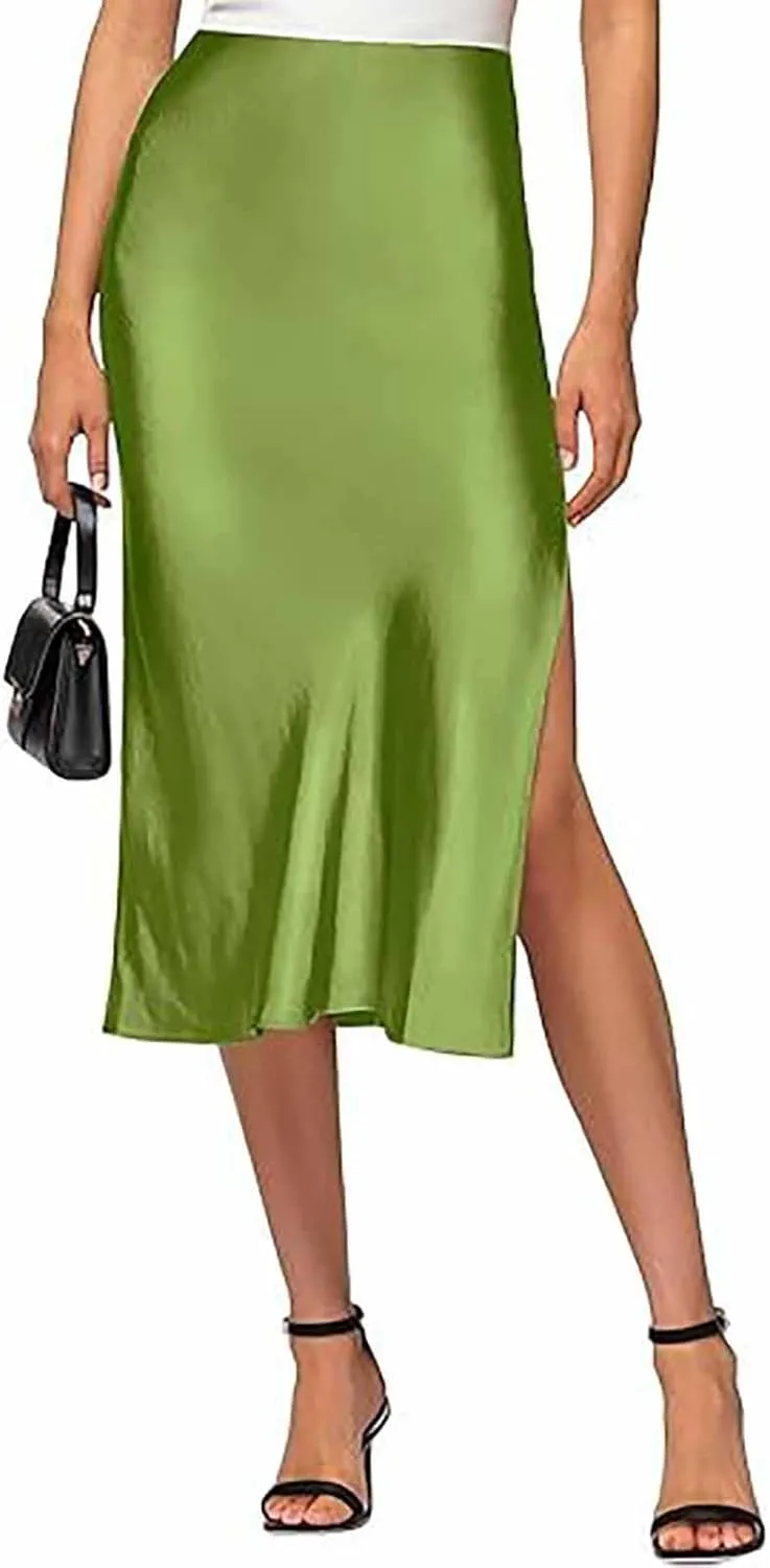 Womens Satin Silk High Waist Slit Midi Skirt Elastic Waistband Midi Skirts Elegant and Handsome Half