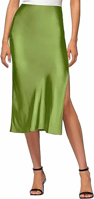 Womens Satin Silk High Waist Slit Midi Skirt Elastic Waistband Midi Skirts Elegant and Handsome Half