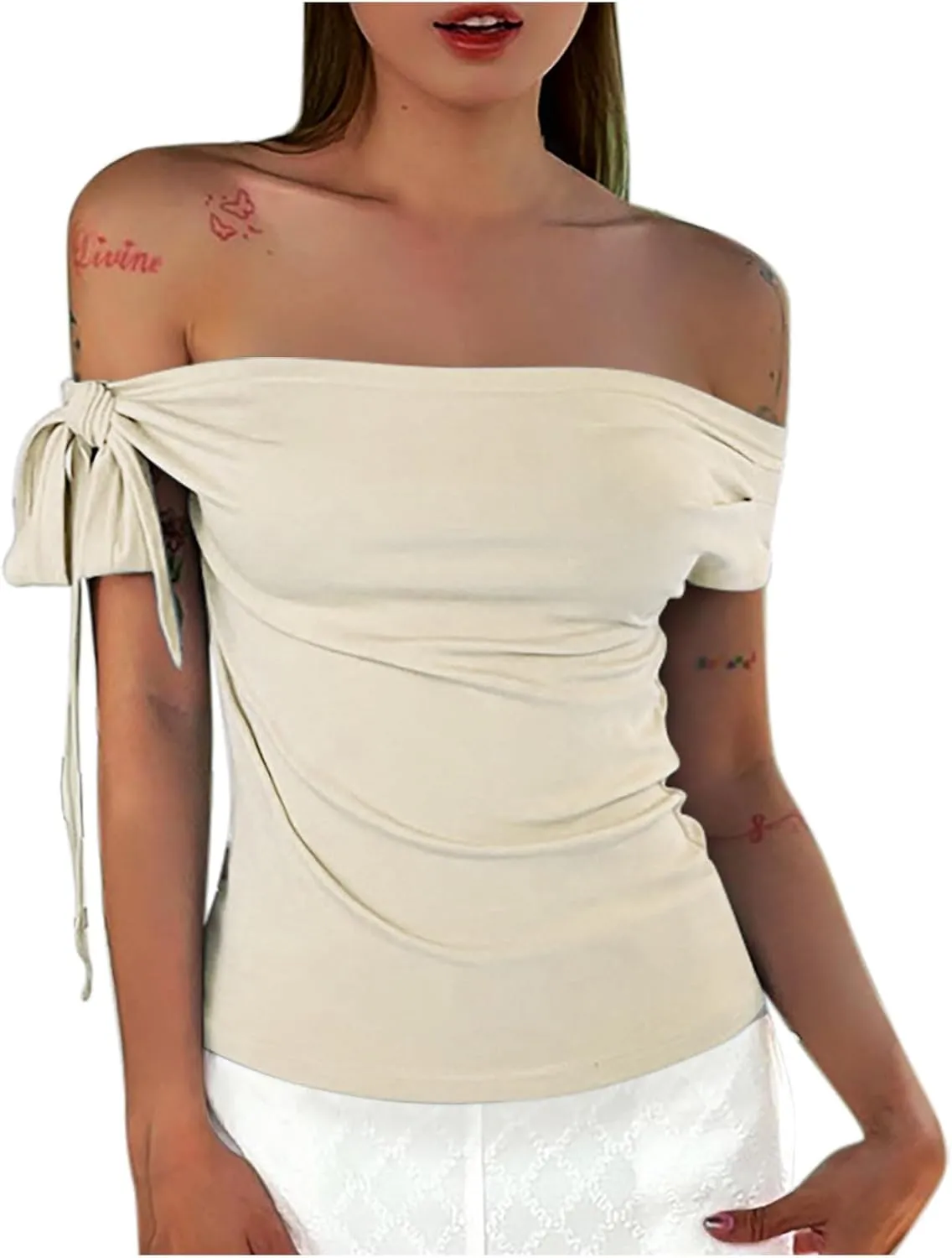 Women's Sexy Off Shoulder Tie-Up Tops, Summer Ruched Slim Fit Shirts Fashion Streetwear Y2K Solid Color Clothes