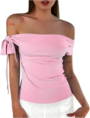 Women's Sexy Off Shoulder Tie-Up Tops, Summer Ruched Slim Fit Shirts Fashion Streetwear Y2K Solid Color Clothes