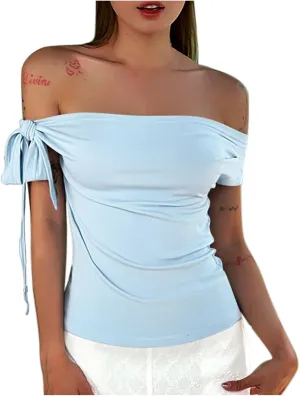 Women's Sexy Off Shoulder Tie-Up Tops, Summer Ruched Slim Fit Shirts Fashion Streetwear Y2K Solid Color Clothes