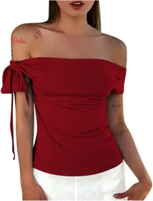 Women's Sexy Off Shoulder Tie-Up Tops, Summer Ruched Slim Fit Shirts Fashion Streetwear Y2K Solid Color Clothes