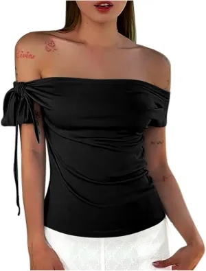 Women's Sexy Off Shoulder Tie-Up Tops, Summer Ruched Slim Fit Shirts Fashion Streetwear Y2K Solid Color Clothes
