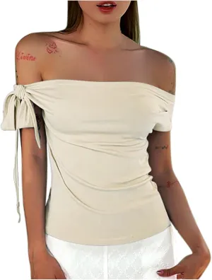 Women's Sexy Off Shoulder Tie-Up Tops, Summer Ruched Slim Fit Shirts Fashion Streetwear Y2K Solid Color Clothes
