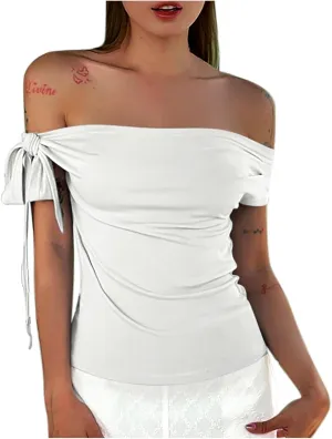 Women's Sexy Off Shoulder Tie-Up Tops, Summer Ruched Slim Fit Shirts Fashion Streetwear Y2K Solid Color Clothes