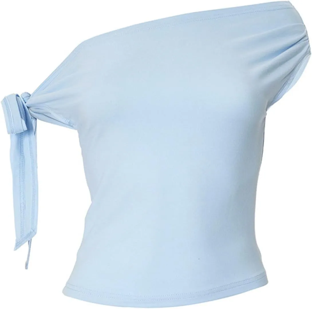 Women's Sexy Off Shoulder Tie-Up Tops, Summer Ruched Slim Fit Shirts Fashion Streetwear Y2K Solid Color Clothes