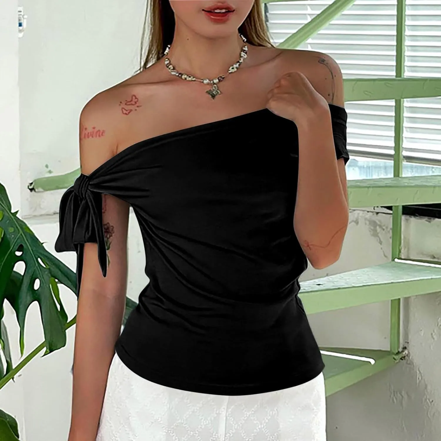 Women's Sexy Off Shoulder Tie-Up Tops, Summer Ruched Slim Fit Shirts Fashion Streetwear Y2K Solid Color Clothes