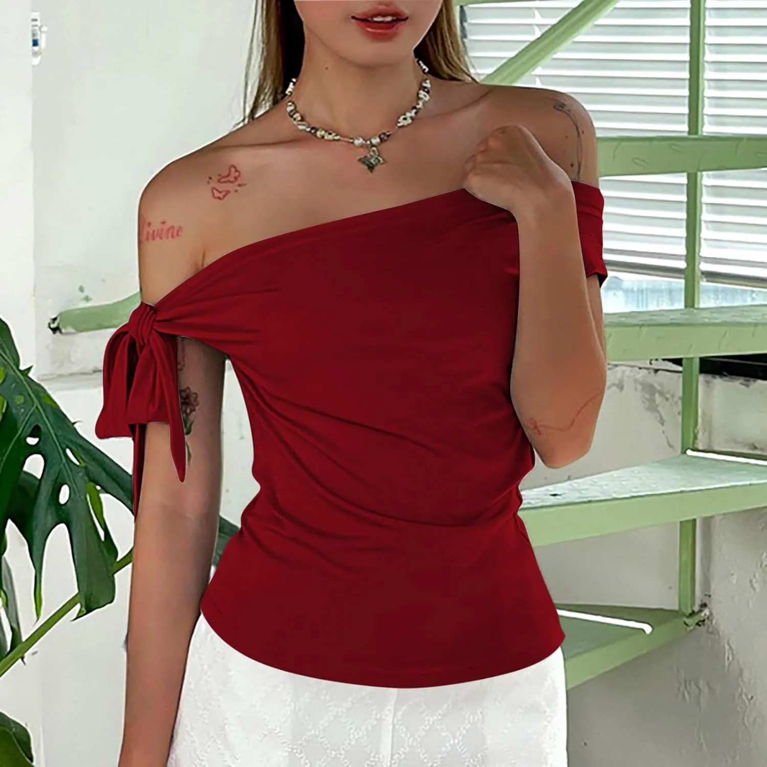 Women's Sexy Off Shoulder Tie-Up Tops, Summer Ruched Slim Fit Shirts Fashion Streetwear Y2K Solid Color Clothes