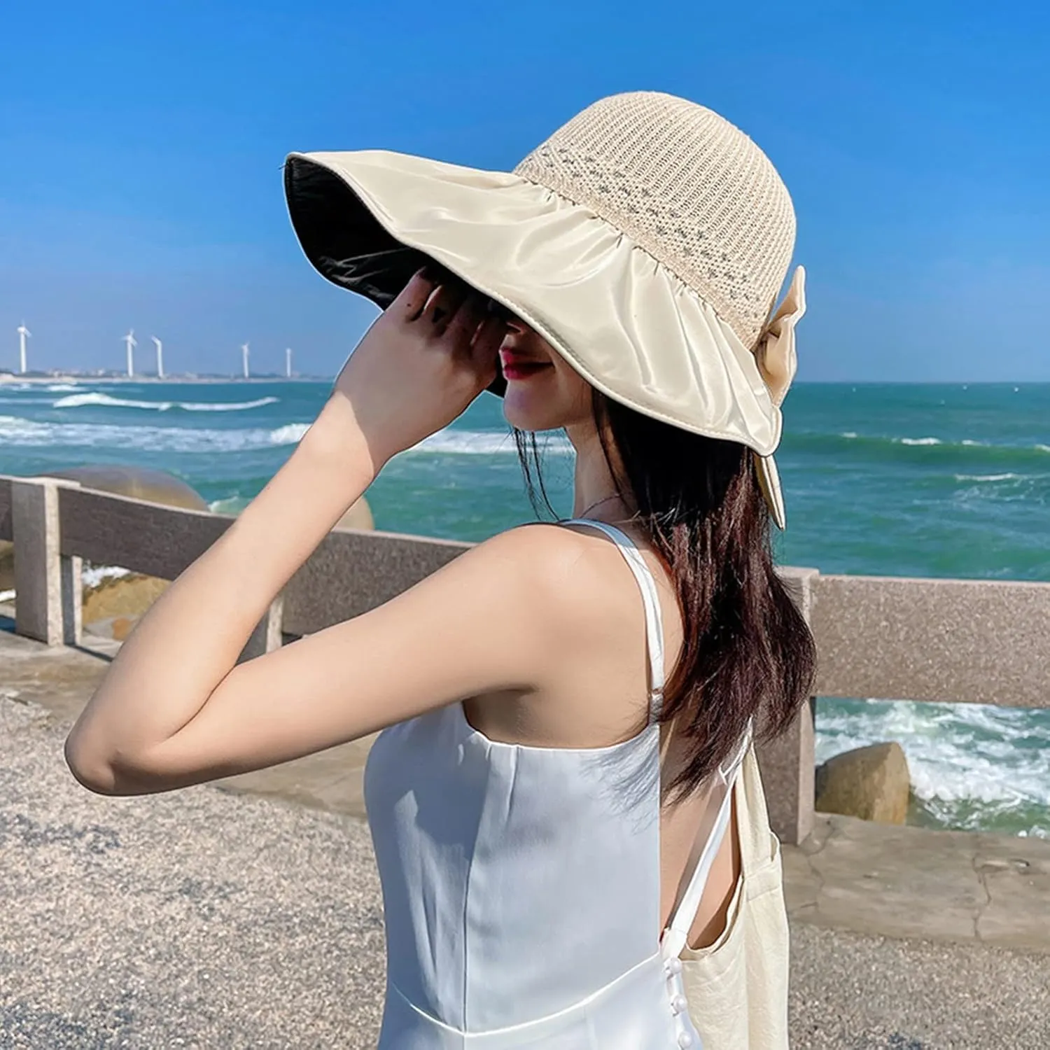 Womens Straw Wide Brim Sun Hats Outdoor Casual Bow Solid Colors Beach Hat Summer Travel Vacation Visor Hat