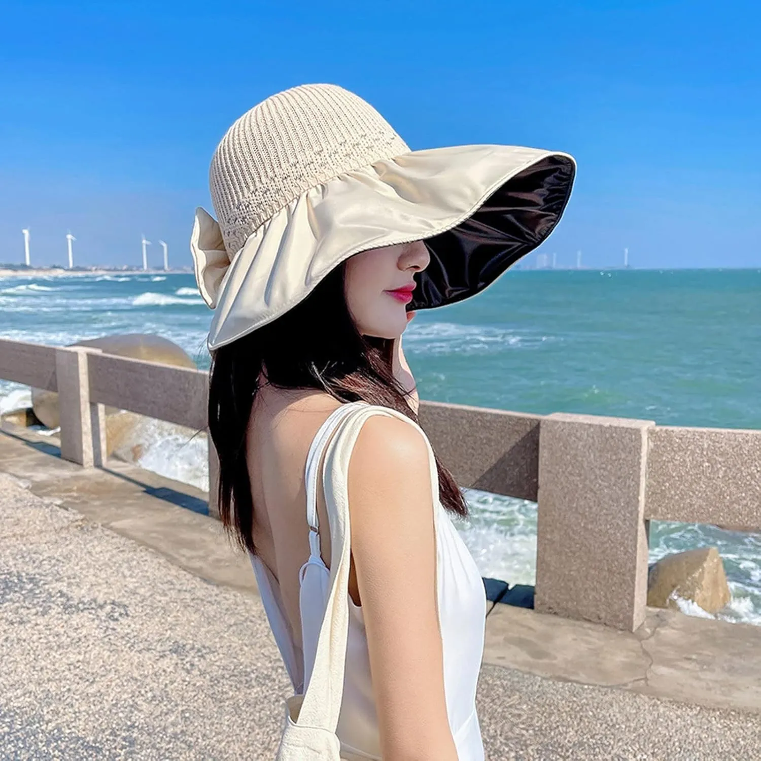 Womens Straw Wide Brim Sun Hats Outdoor Casual Bow Solid Colors Beach Hat Summer Travel Vacation Visor Hat