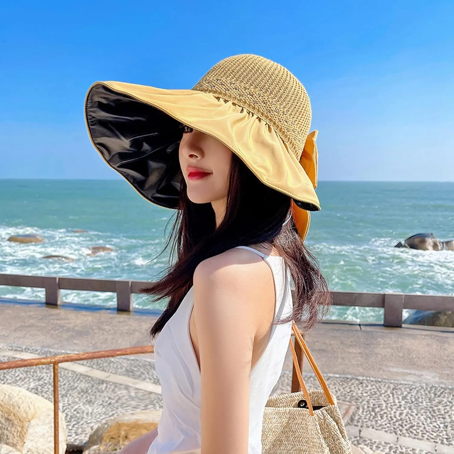 Womens Straw Wide Brim Sun Hats Outdoor Casual Bow Solid Colors Beach Hat Summer Travel Vacation Visor Hat