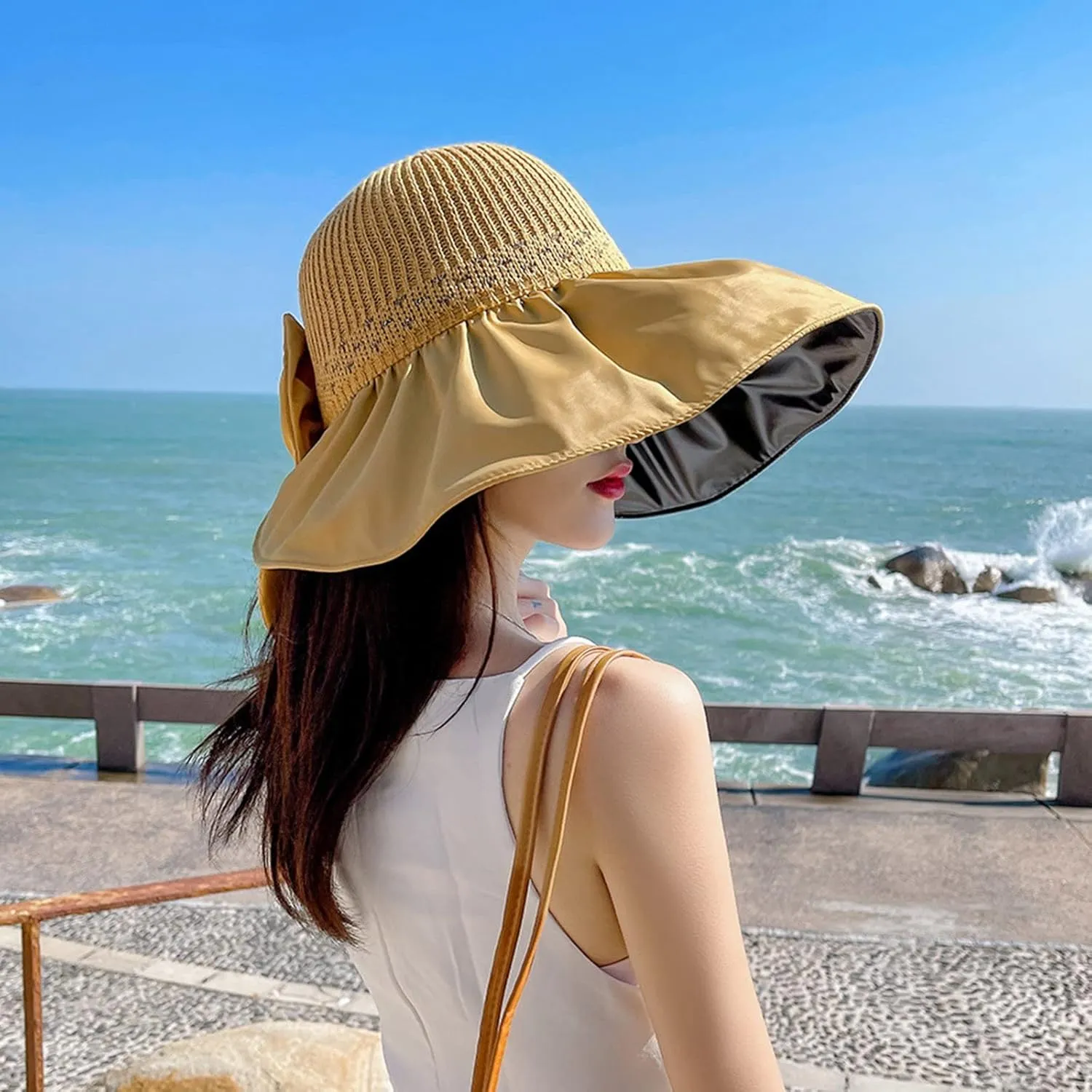 Womens Straw Wide Brim Sun Hats Outdoor Casual Bow Solid Colors Beach Hat Summer Travel Vacation Visor Hat
