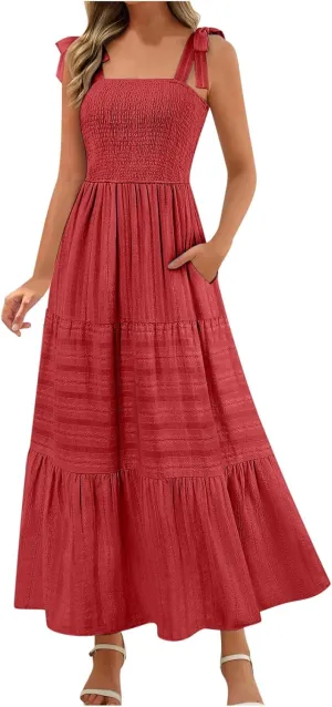 Women's Summer Boho Maxi Dress Beach Vacation Casual Dresses Sleveeless Smocked A Line Sundress with Pockets