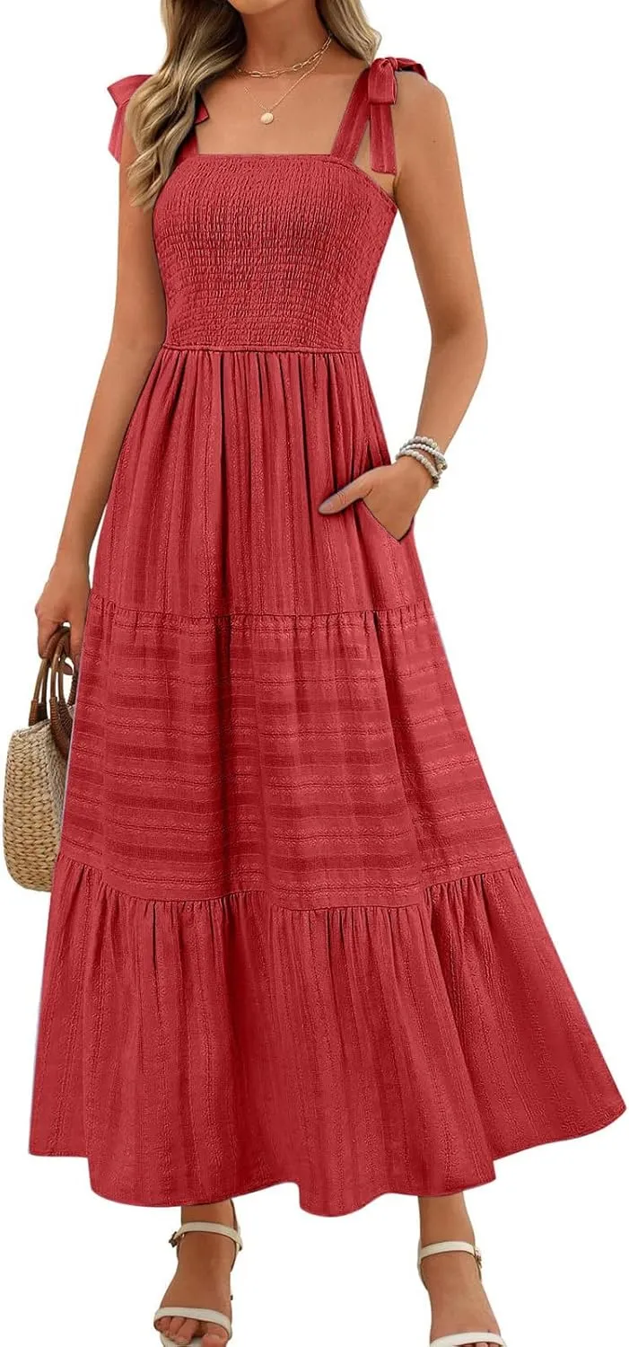 Women's Summer Boho Maxi Dress Beach Vacation Casual Dresses Sleveeless Smocked A Line Sundress with Pockets