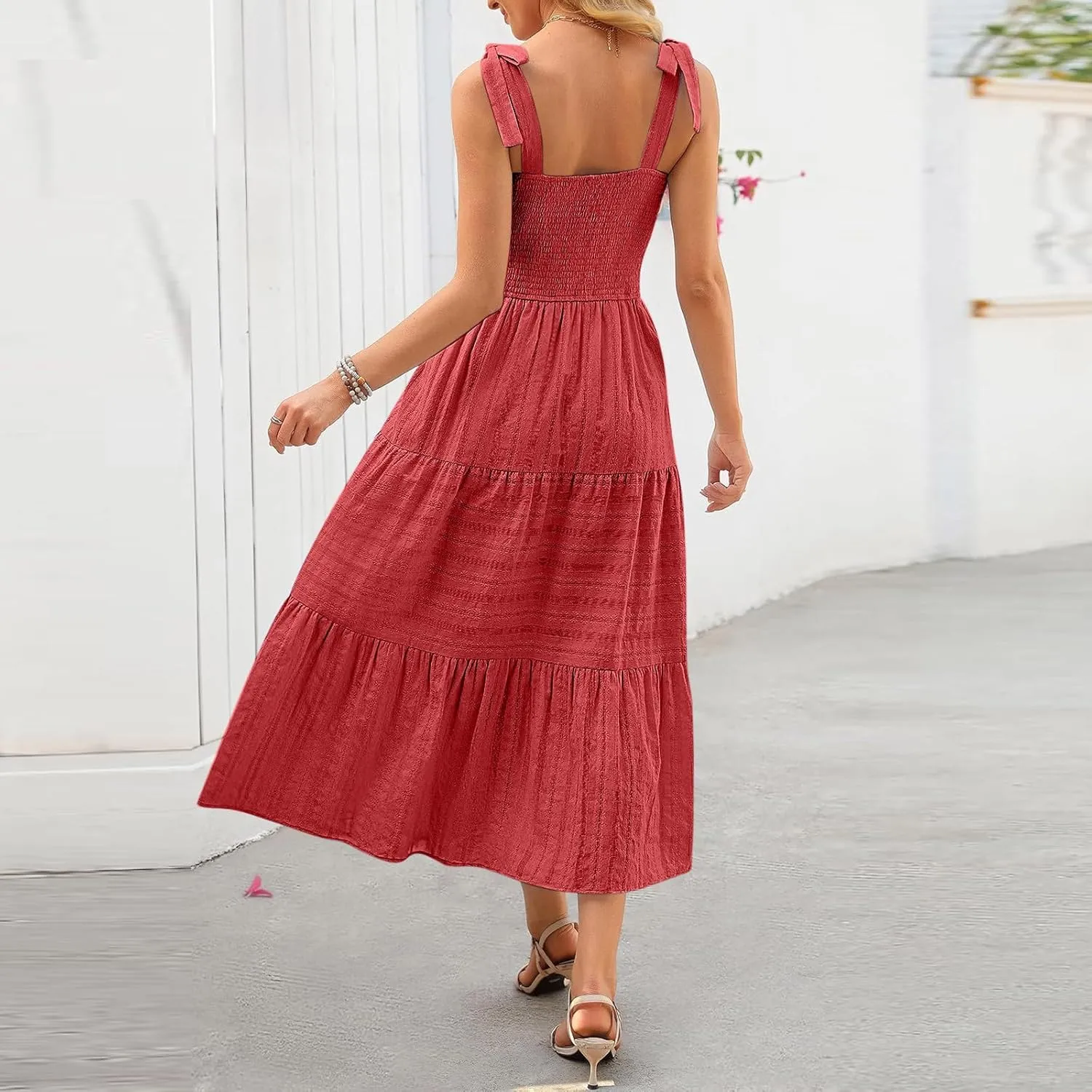 Women's Summer Boho Maxi Dress Beach Vacation Casual Dresses Sleveeless Smocked A Line Sundress with Pockets