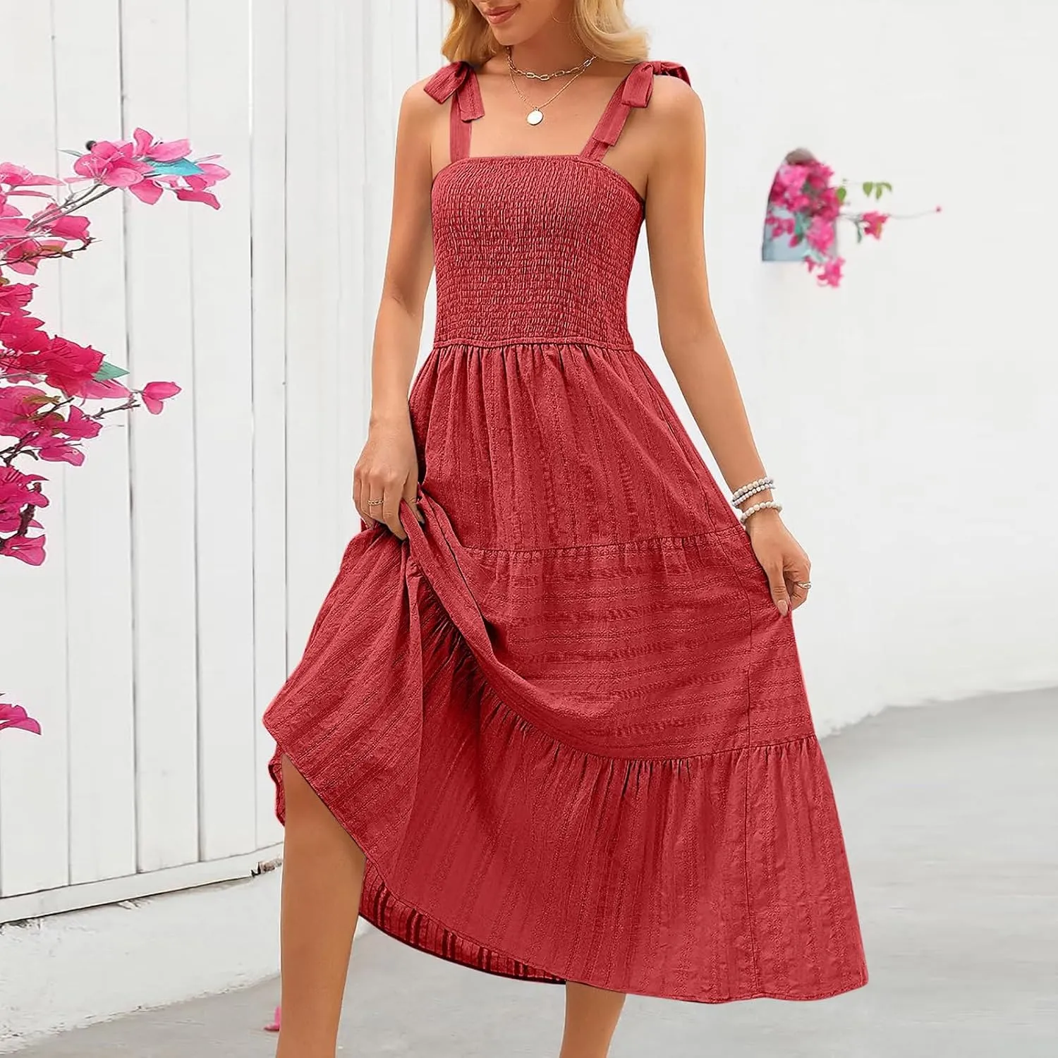 Women's Summer Boho Maxi Dress Beach Vacation Casual Dresses Sleveeless Smocked A Line Sundress with Pockets