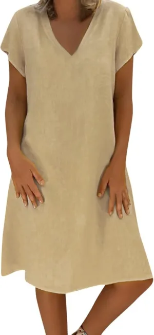 Women's Summer Cotton Linen Dress Loose V-Neck Short Sleeve T-Shirt Dress Solid Beach Dress Casual Maxi Dresses