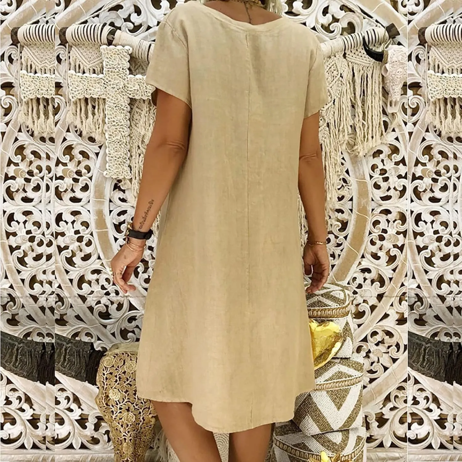 Women's Summer Cotton Linen Dress Loose V-Neck Short Sleeve T-Shirt Dress Solid Beach Dress Casual Maxi Dresses