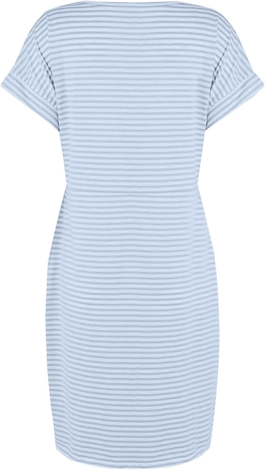 Womens Summer Dresses 2025 Casual Tie Front Short Sleeve A Line Midi Shirt Dress Beach Vacation Clothes