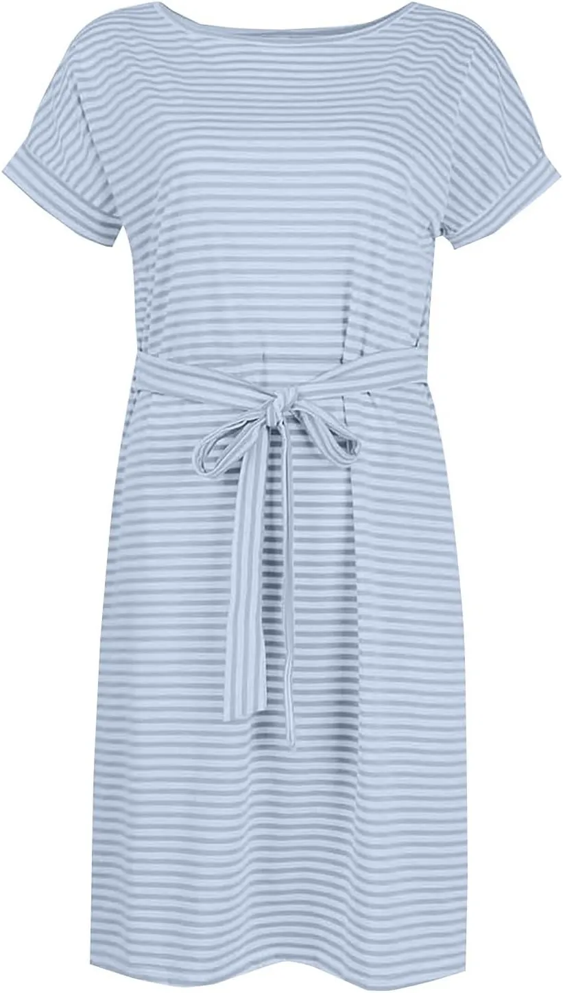Womens Summer Dresses 2025 Casual Tie Front Short Sleeve A Line Midi Shirt Dress Beach Vacation Clothes