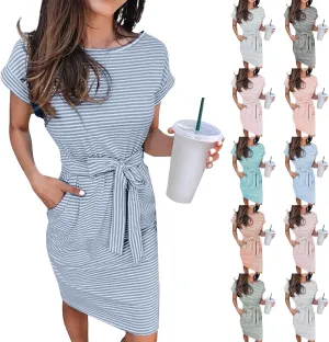 Womens Summer Dresses 2025 Casual Tie Front Short Sleeve A Line Midi Shirt Dress Beach Vacation Clothes
