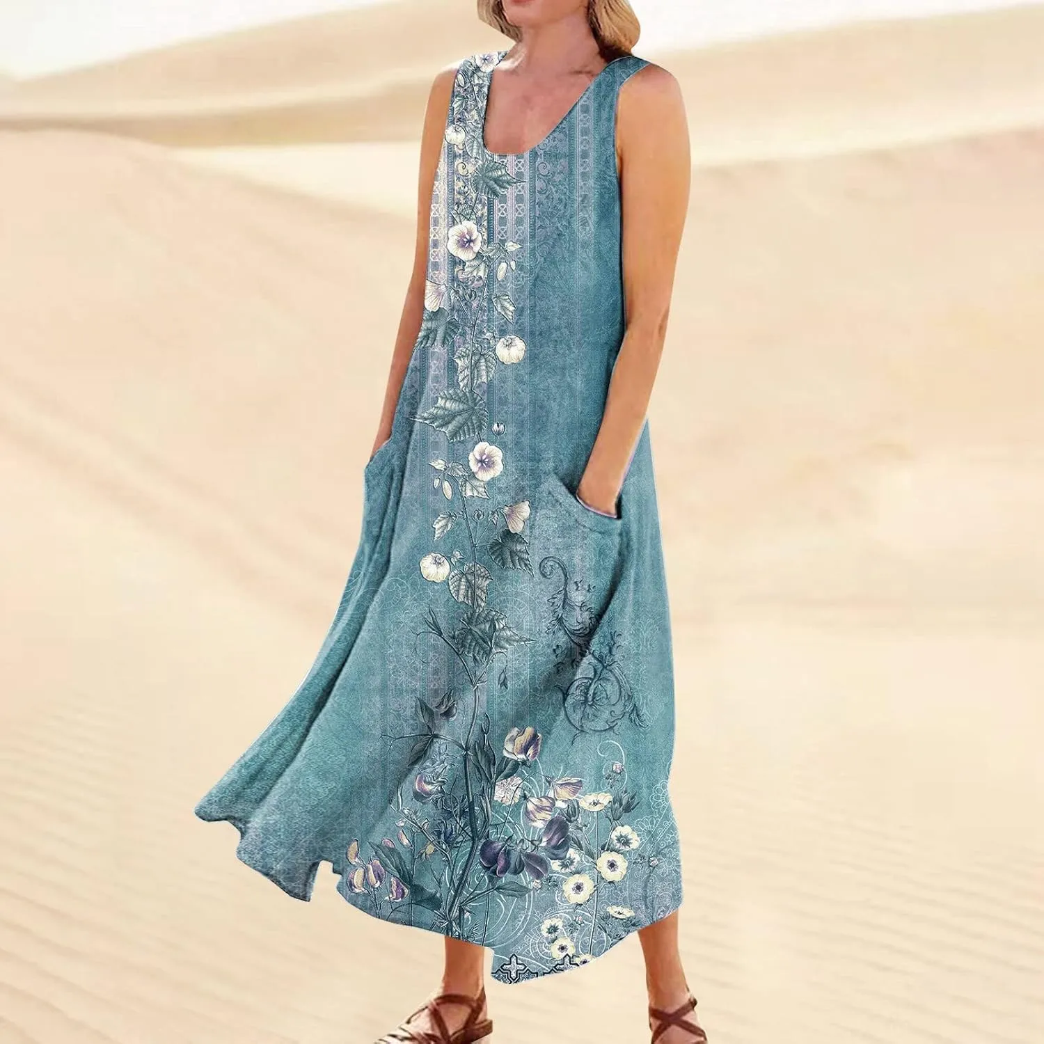 Womens Summer Dresses Beach Long Dress Sleeveless Elegant Flowy Dresses Plus Size Loose Dress with Pockets