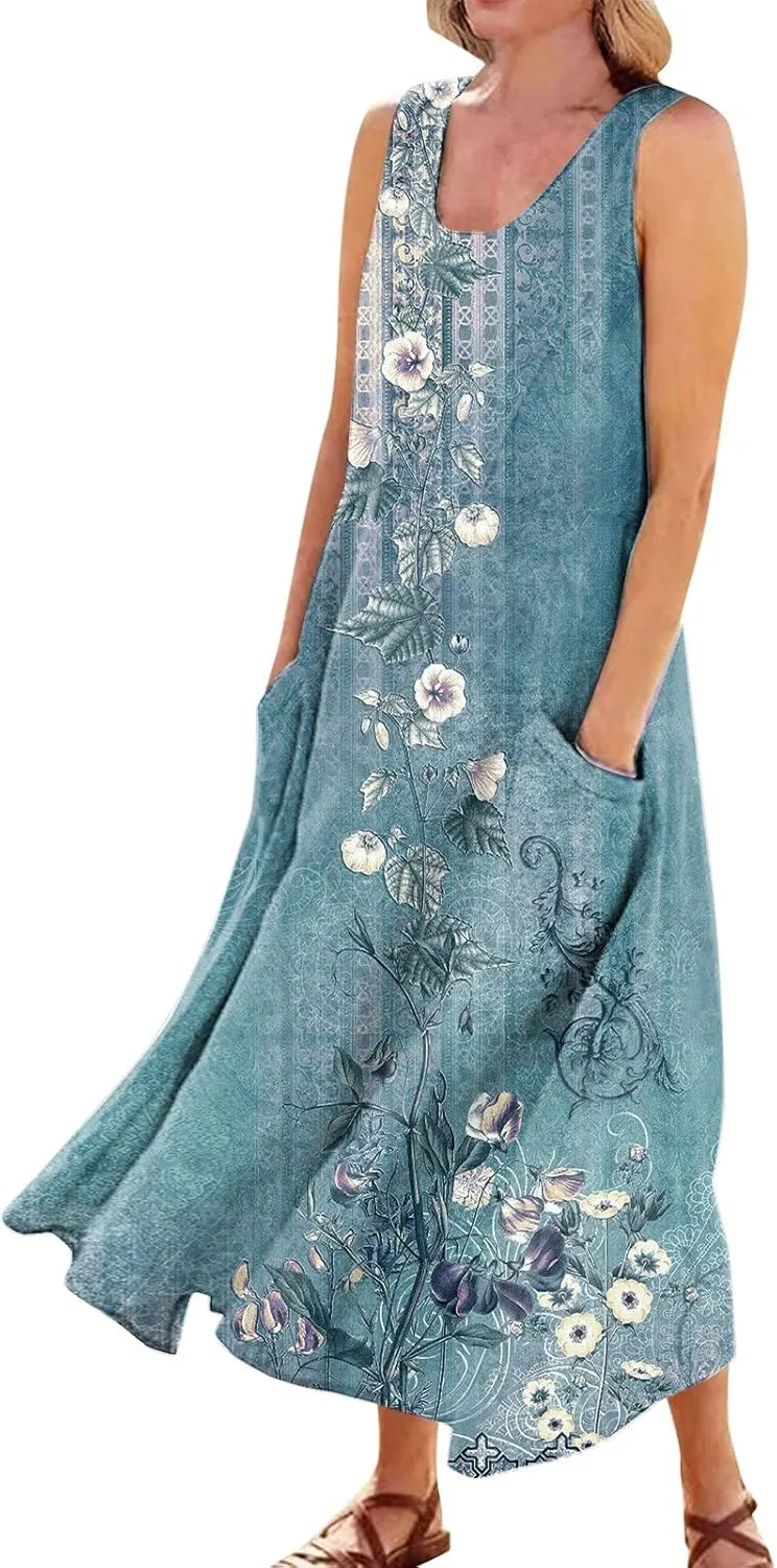 Womens Summer Dresses Beach Long Dress Sleeveless Elegant Flowy Dresses Plus Size Loose Dress with Pockets