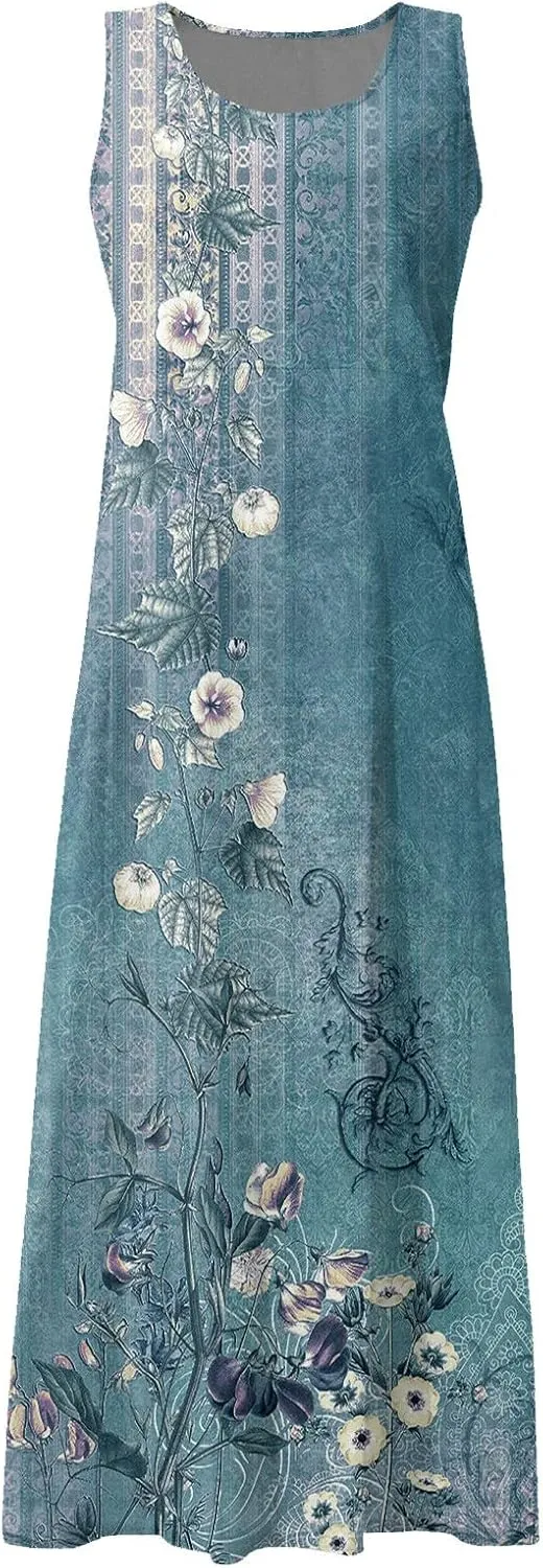 Womens Summer Dresses Beach Long Dress Sleeveless Elegant Flowy Dresses Plus Size Loose Dress with Pockets