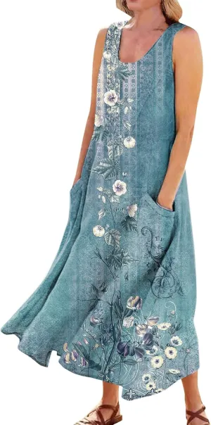 Womens Summer Dresses Beach Long Dress Sleeveless Elegant Flowy Dresses Plus Size Loose Dress with Pockets