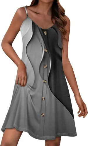 Womens Summer Dresses Floral Beach Mini Dress Button Flowy Sleeveless Beach Cover Up Spaghetti Strap Casual Sundresses