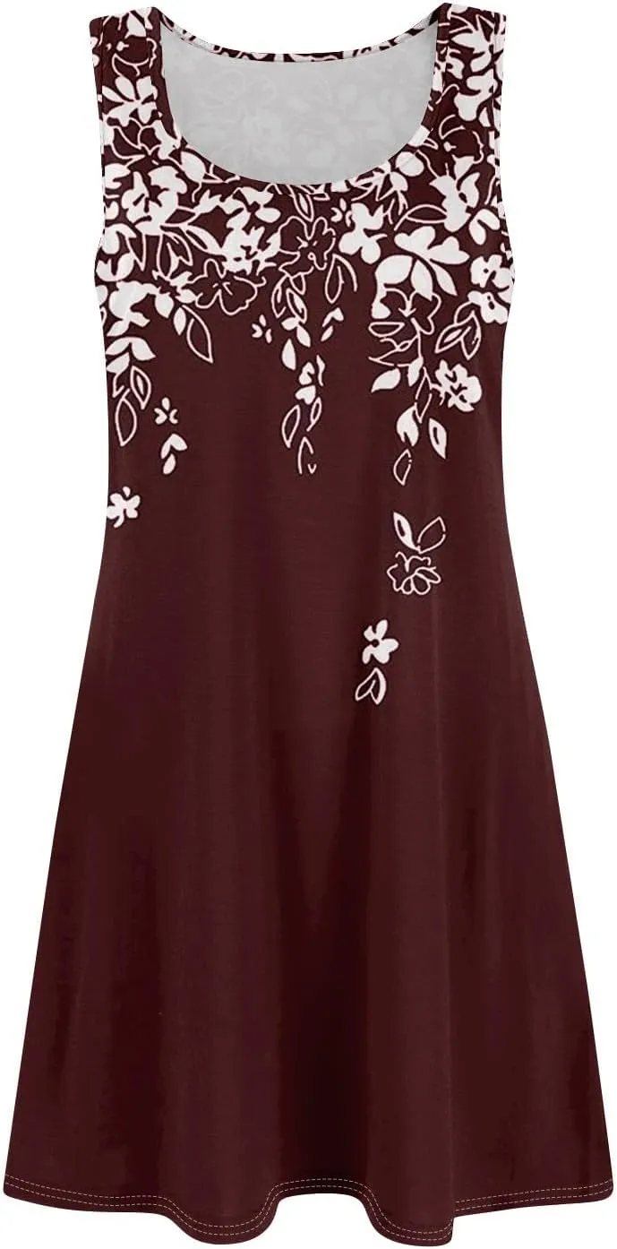 Womens Summer Dresses Prited Sundresses Beach Loose Tshirt Tank Dresses Flowy Sleeveless Mini Dress with Pockets