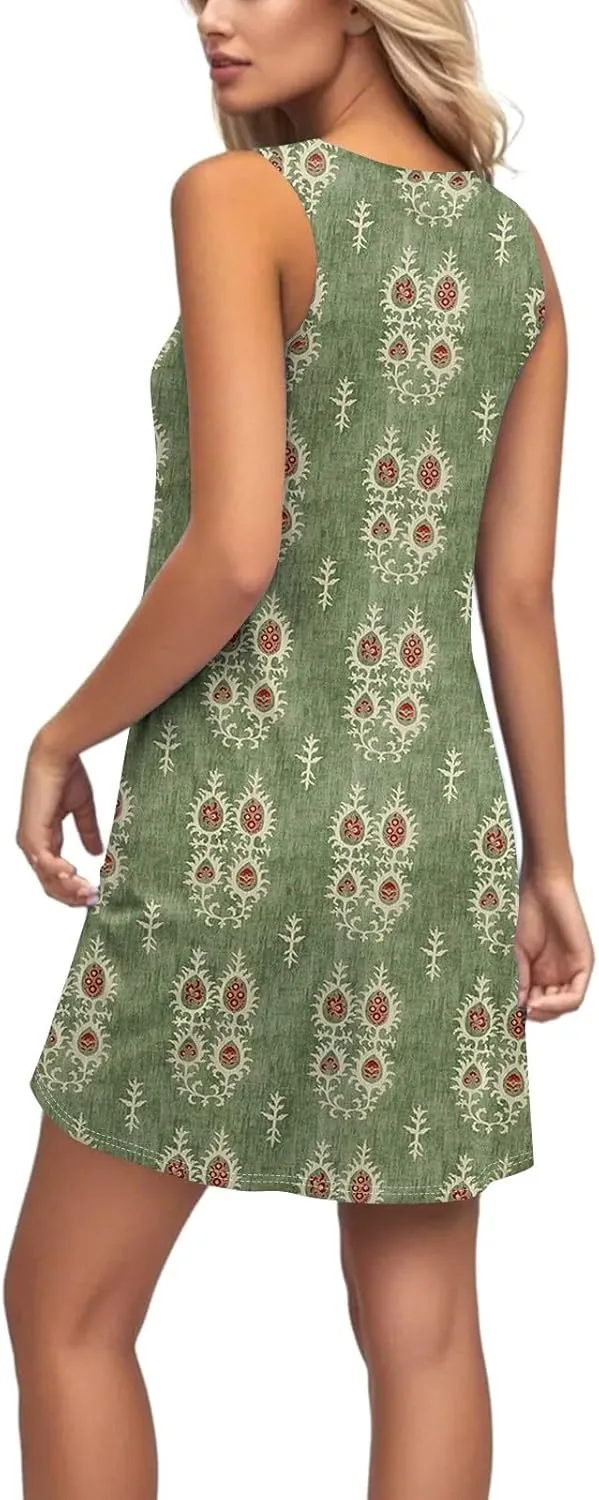 Womens Summer Dresses Prited Sundresses Beach Loose Tshirt Tank Dresses Flowy Sleeveless Mini Dress with Pockets