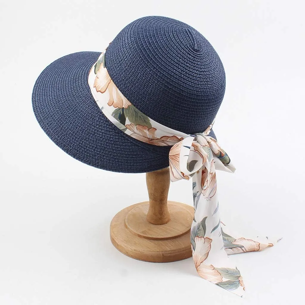 Womens Summer Wide Brim Hawaiian Straw Sun Hat Fashion UPF 50  Lightweight Foldable Bow Knot Beach Travel Hats