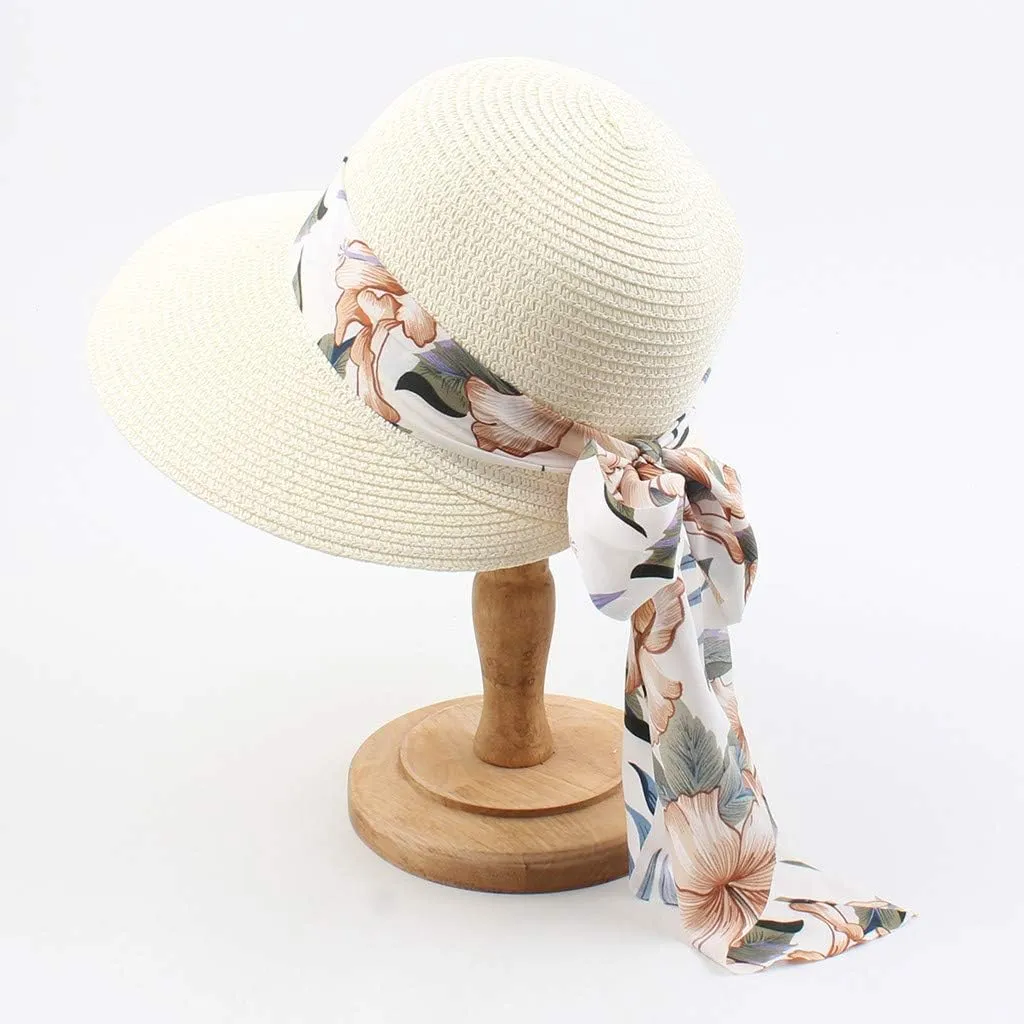 Womens Summer Wide Brim Hawaiian Straw Sun Hat Fashion UPF 50  Lightweight Foldable Bow Knot Beach Travel Hats