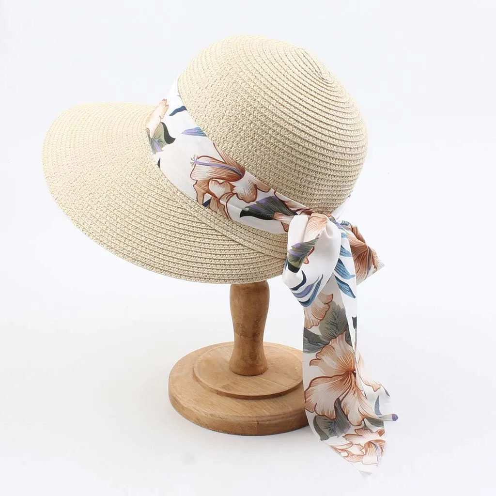 Womens Summer Wide Brim Hawaiian Straw Sun Hat Fashion UPF 50  Lightweight Foldable Bow Knot Beach Travel Hats