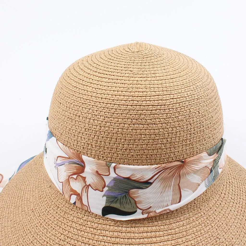 Womens Summer Wide Brim Hawaiian Straw Sun Hat Fashion UPF 50  Lightweight Foldable Bow Knot Beach Travel Hats