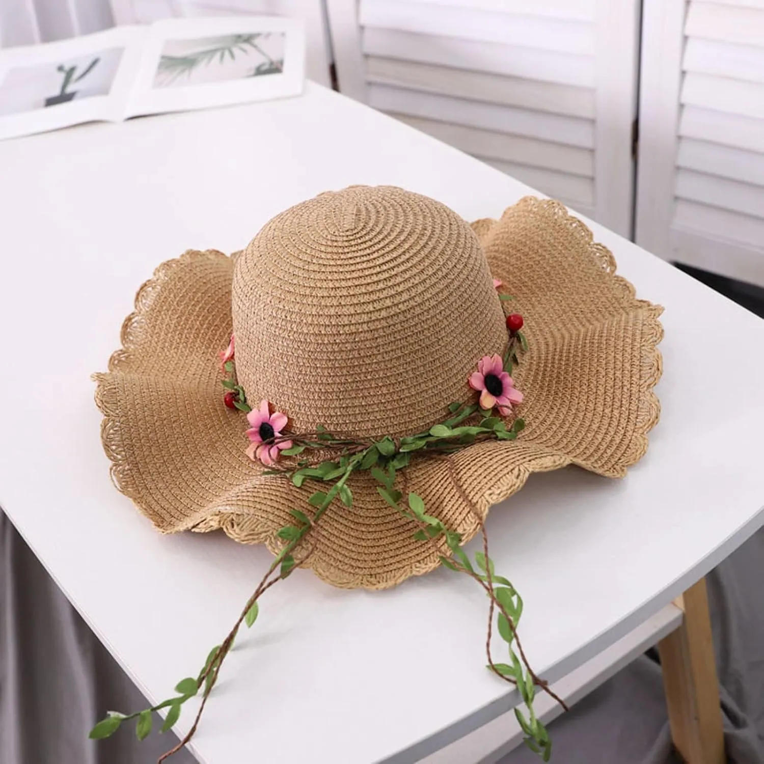 Womens Sun Hat Floppy Beach Summer Flower Straw Hats with Wide Brim Floral Wavy Caps Outdoor UPF 50  Sun Protective Visors