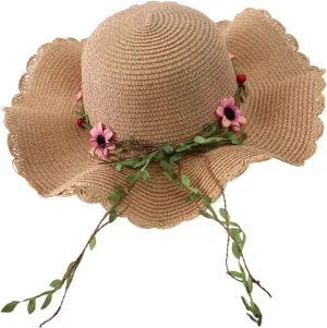 Womens Sun Hat Floppy Beach Summer Flower Straw Hats with Wide Brim Floral Wavy Caps Outdoor UPF 50  Sun Protective Visors
